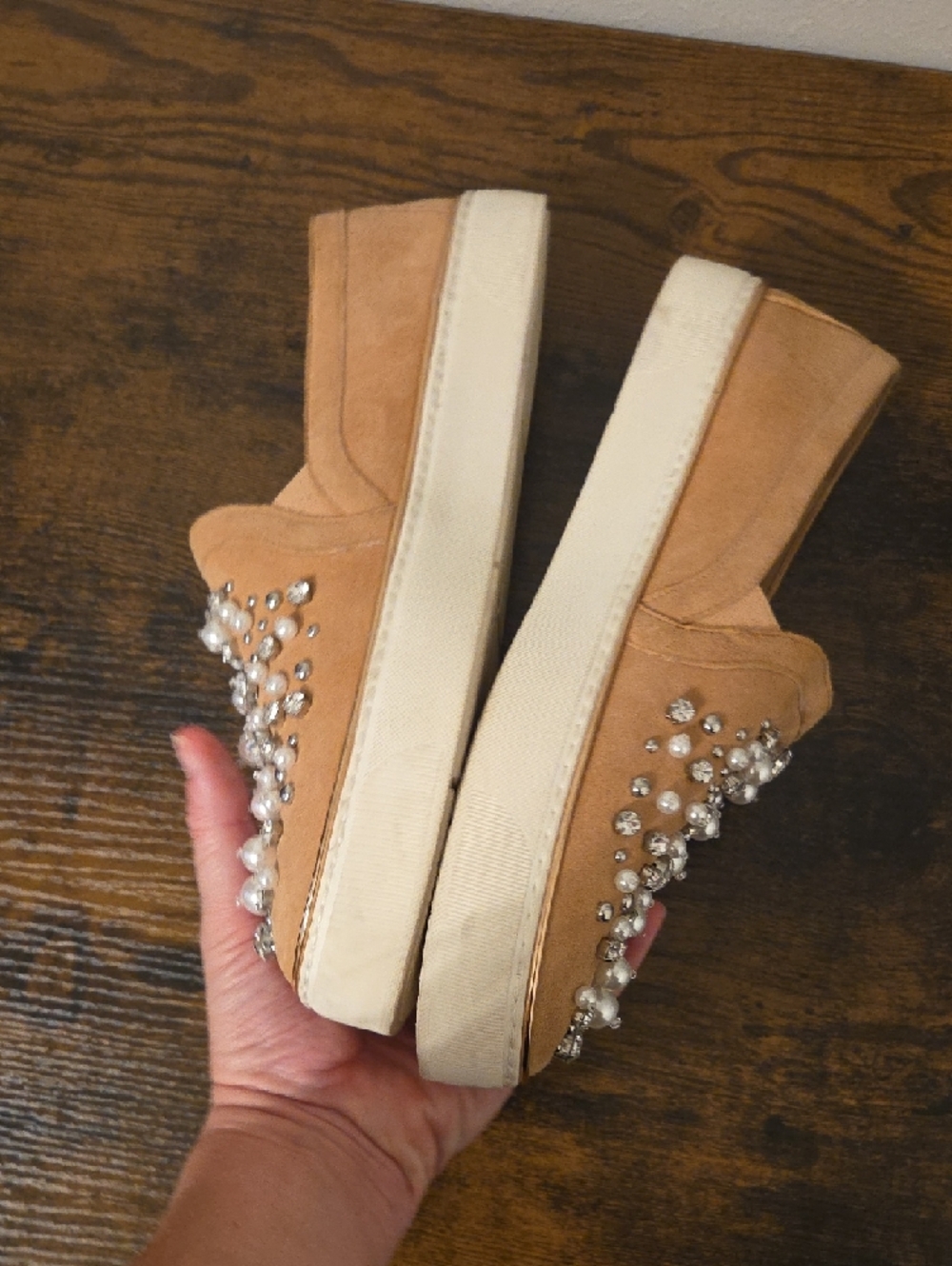 Stuart Weitzman Tan Crystal & Pearl Embellished Slip-On Loafers - Picture 8 of 10